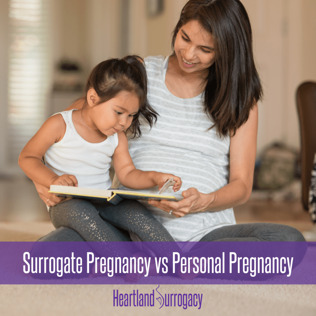 Pregnant woman with toddler on her lap reading a book. Title says "Surrogacy Pregnancy vs. Personal Pregnancy."