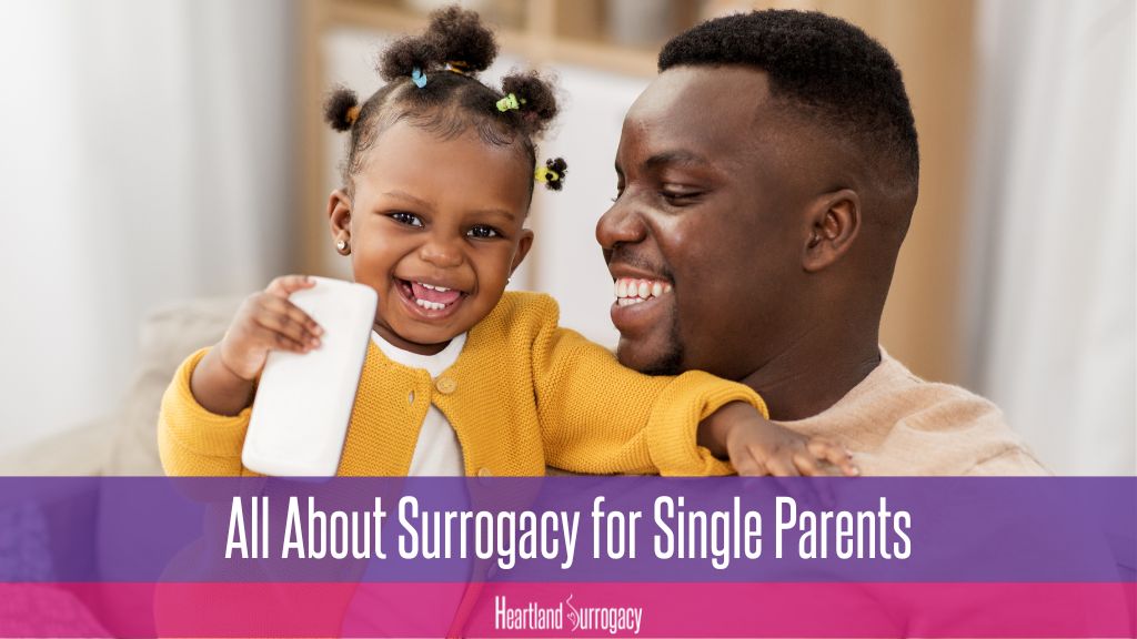 Black single father through surrogacy holding baby girl through surrogacy. Text reads "All About Surrogacy for Single Parents" and has Heartland Surrogacy logo
