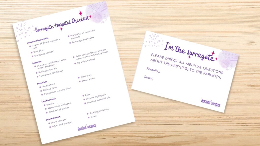 Pictures of PDF surrogate hospital checklist and surrogate delivery sign, Heartland Surrogacy logo