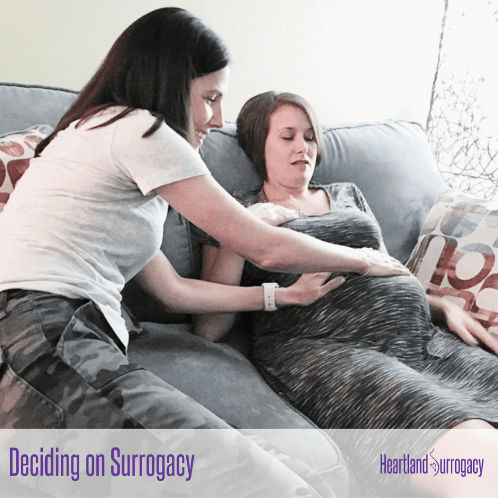 surrogate mother with pregnant belly and intended mother
